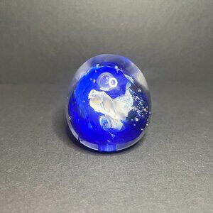 Vintage Kerry Ireland Irish Studio Art Glass Oval Blue & White Swirl Paperweight